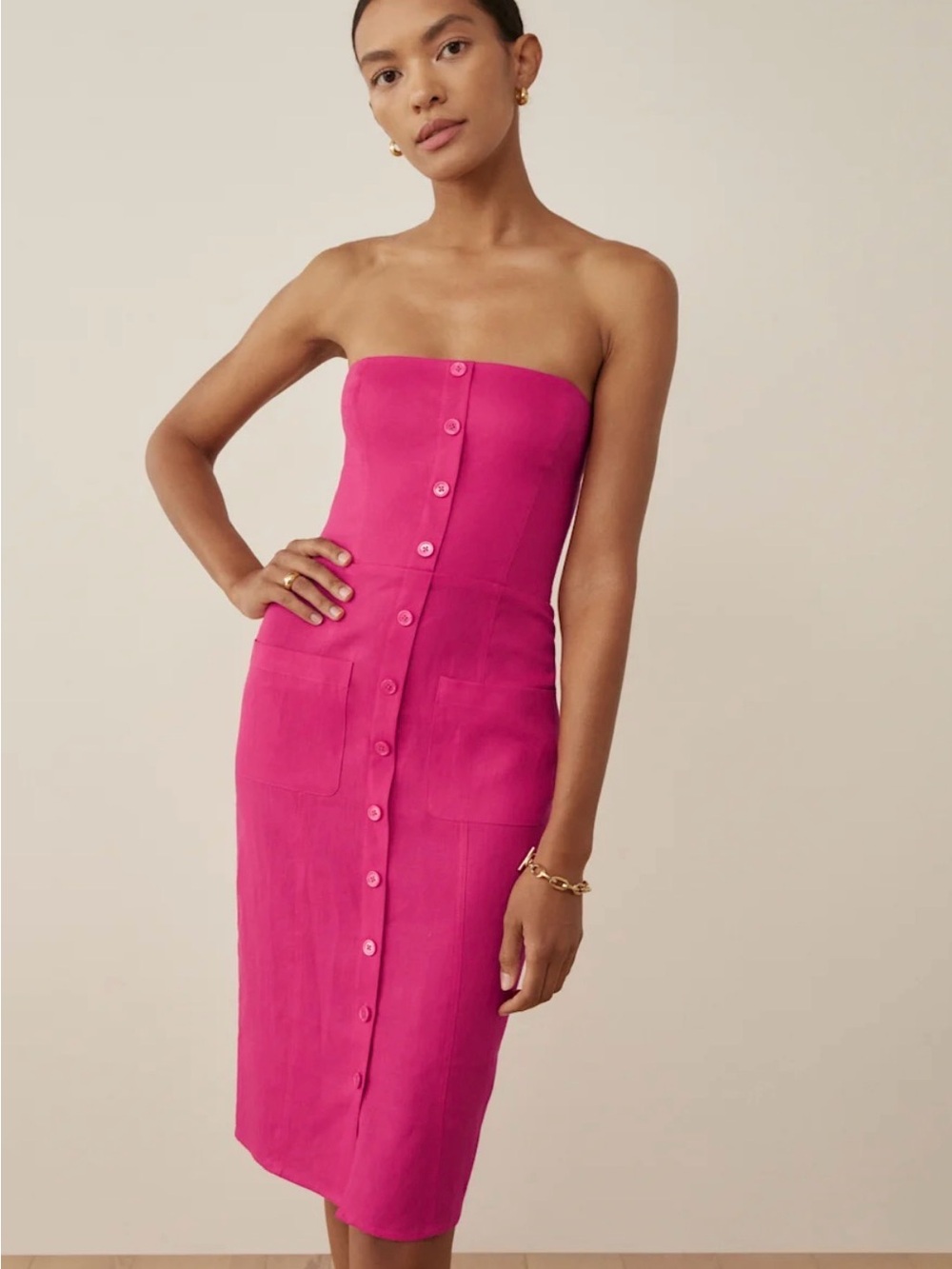 Reformation Strapless Button-Front Midi Dress in Hot Pink